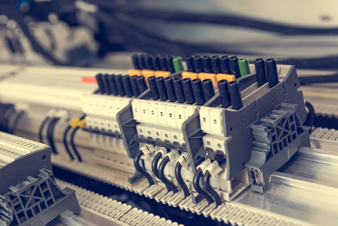 Electrical automation components in an electrical panel.