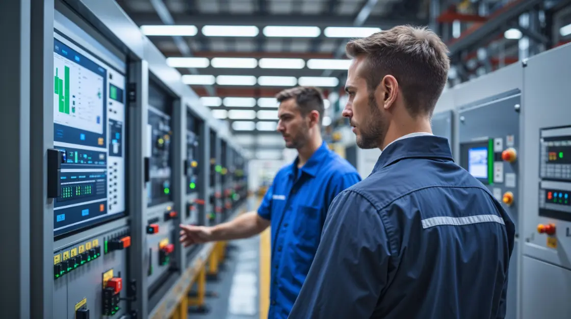 Two people using automation controls in a manufacturing plant.