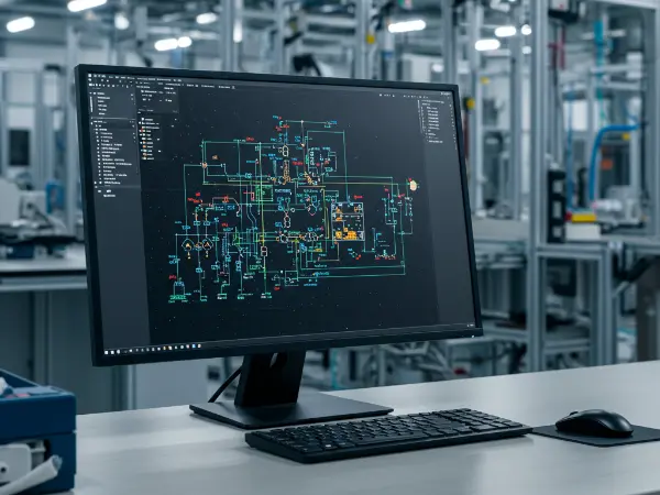 CAD drawing on a desk inside a modern factory.