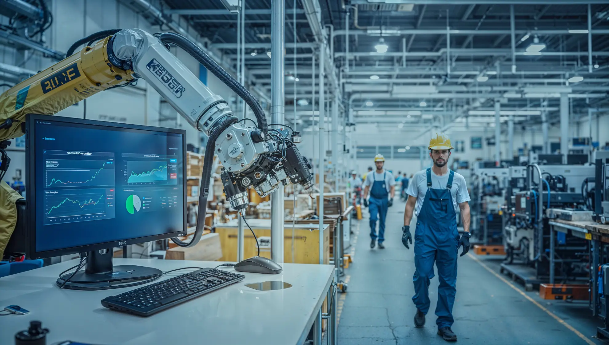 Factory with maintenance workers doing predictive analytics.